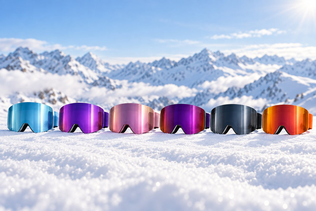 Snow Goons goggles in all six lens colors on fresh snow