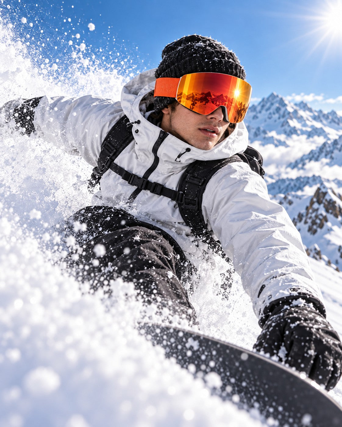 Snowboarder carving powder in Snow Goons goggles with orange mirror lens