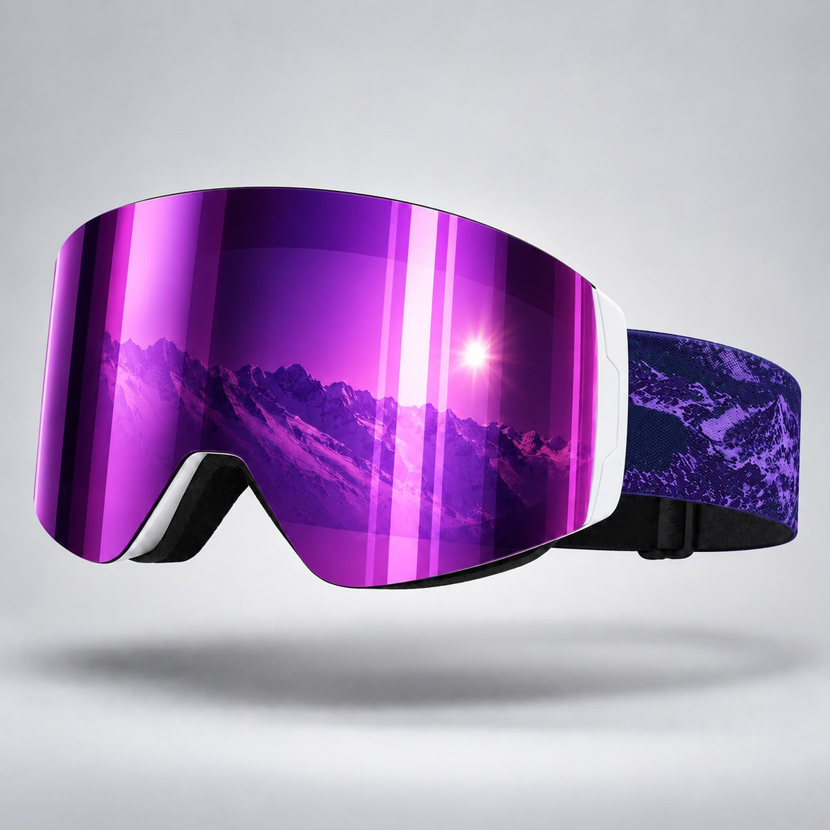 Snow Goons magnetic ski goggles, deep purple mirror lens