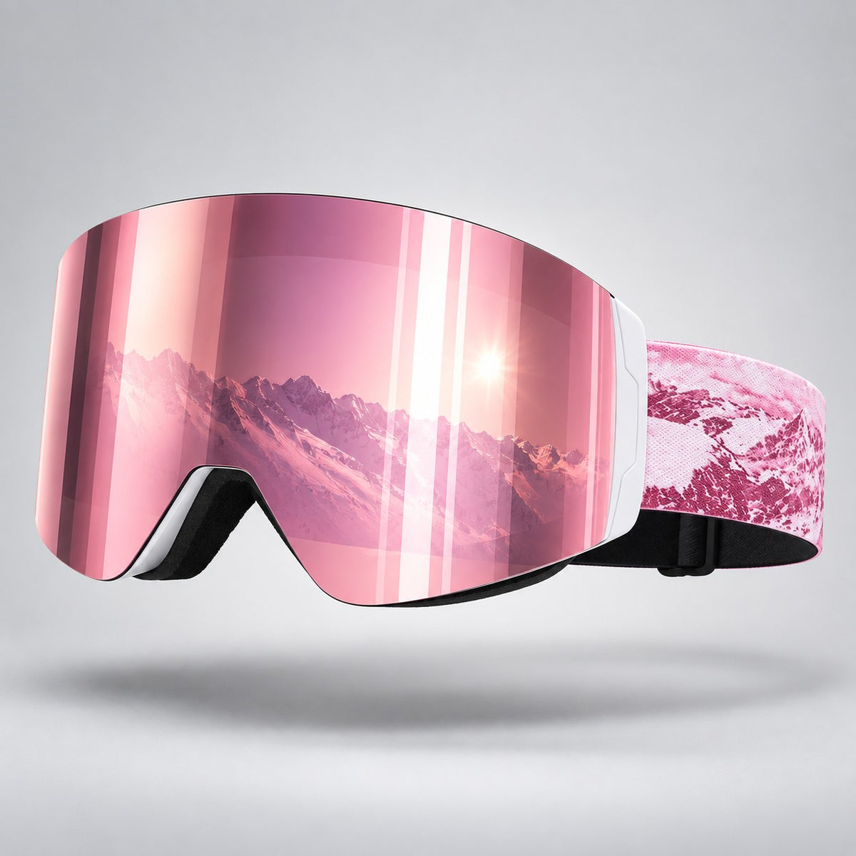 Snow Goons magnetic ski goggles, rose pink mirror lens